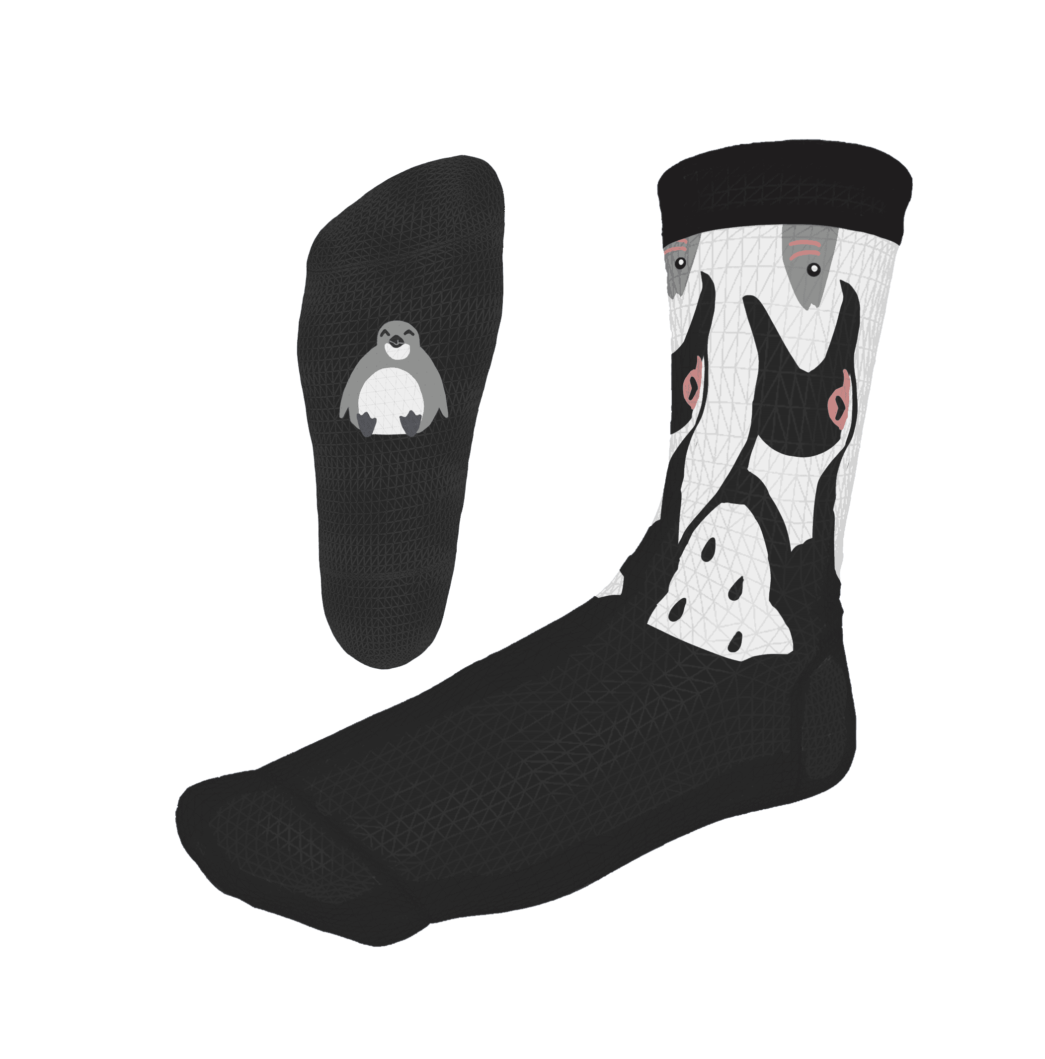 Black and white African Penguin sock with a penguin pair on the shaft and a chick on the sole
