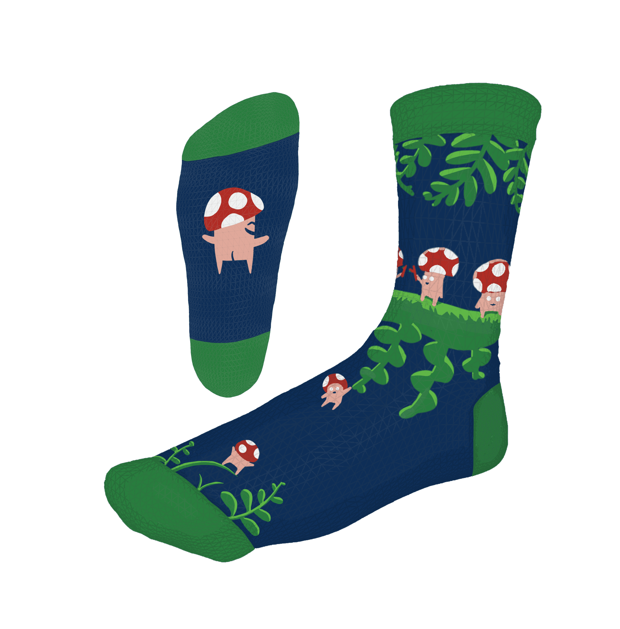Navy Fungis sock with green foliage and red-capped mushroom characters climbing vines