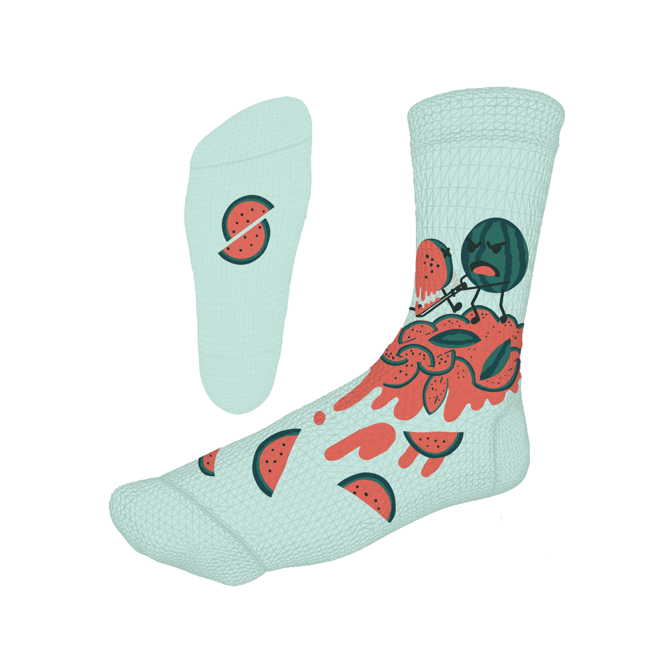 Mint green Melon Mayhem sock with an angry watermelon wielding a knife over coral melon slices