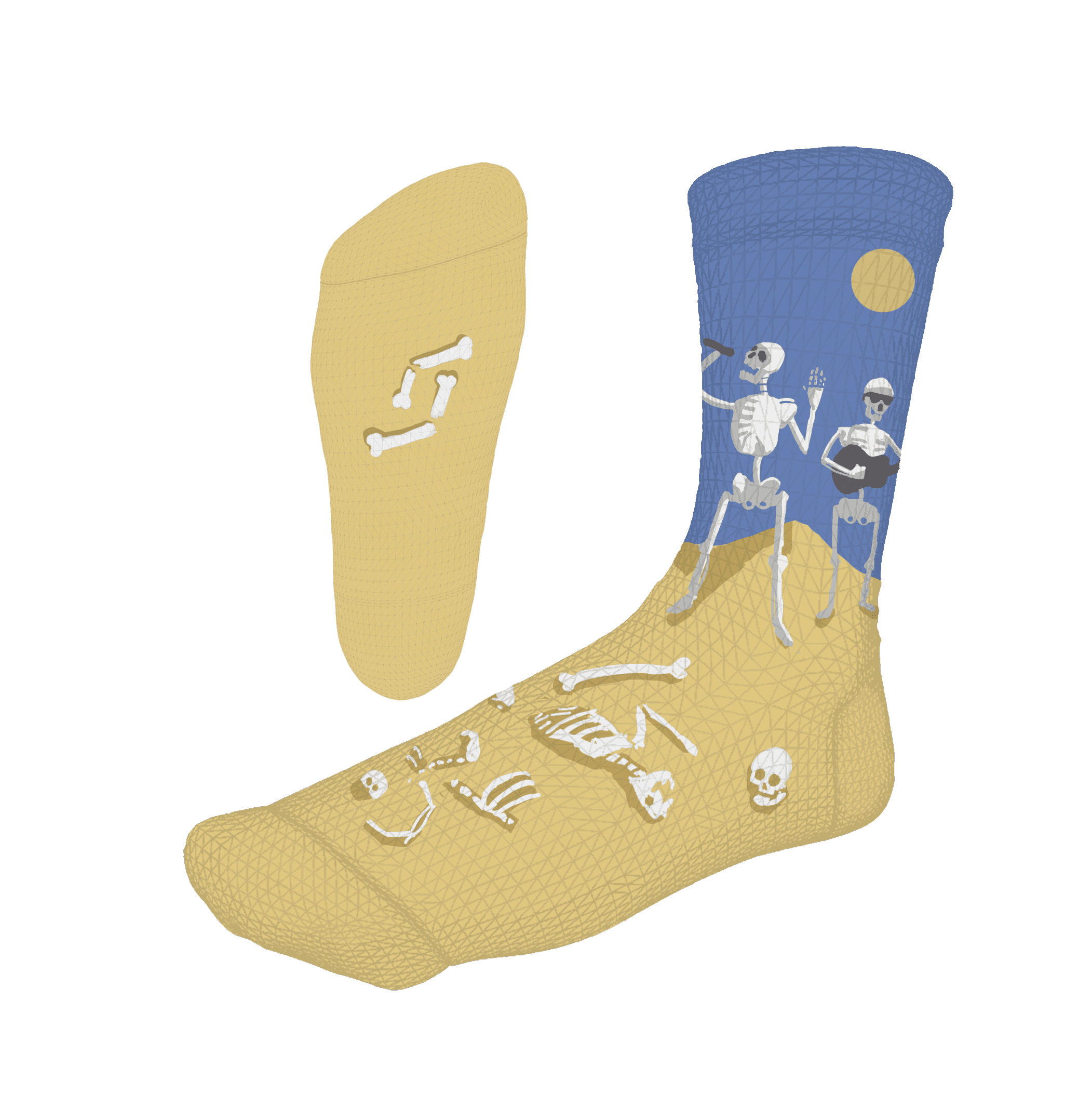 Sand and periwinkle Skeleton Band sock with skeletons playing guitar under a desert sun